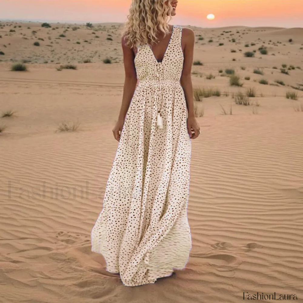 Sleeveless A Line Patchwork Boho Dress Beige / S