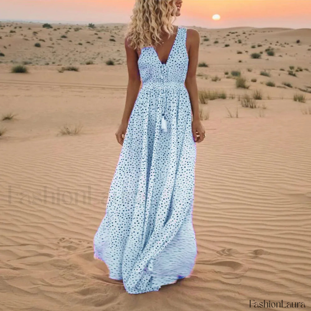 Sleeveless A Line Patchwork Boho Dress Light Blue / S