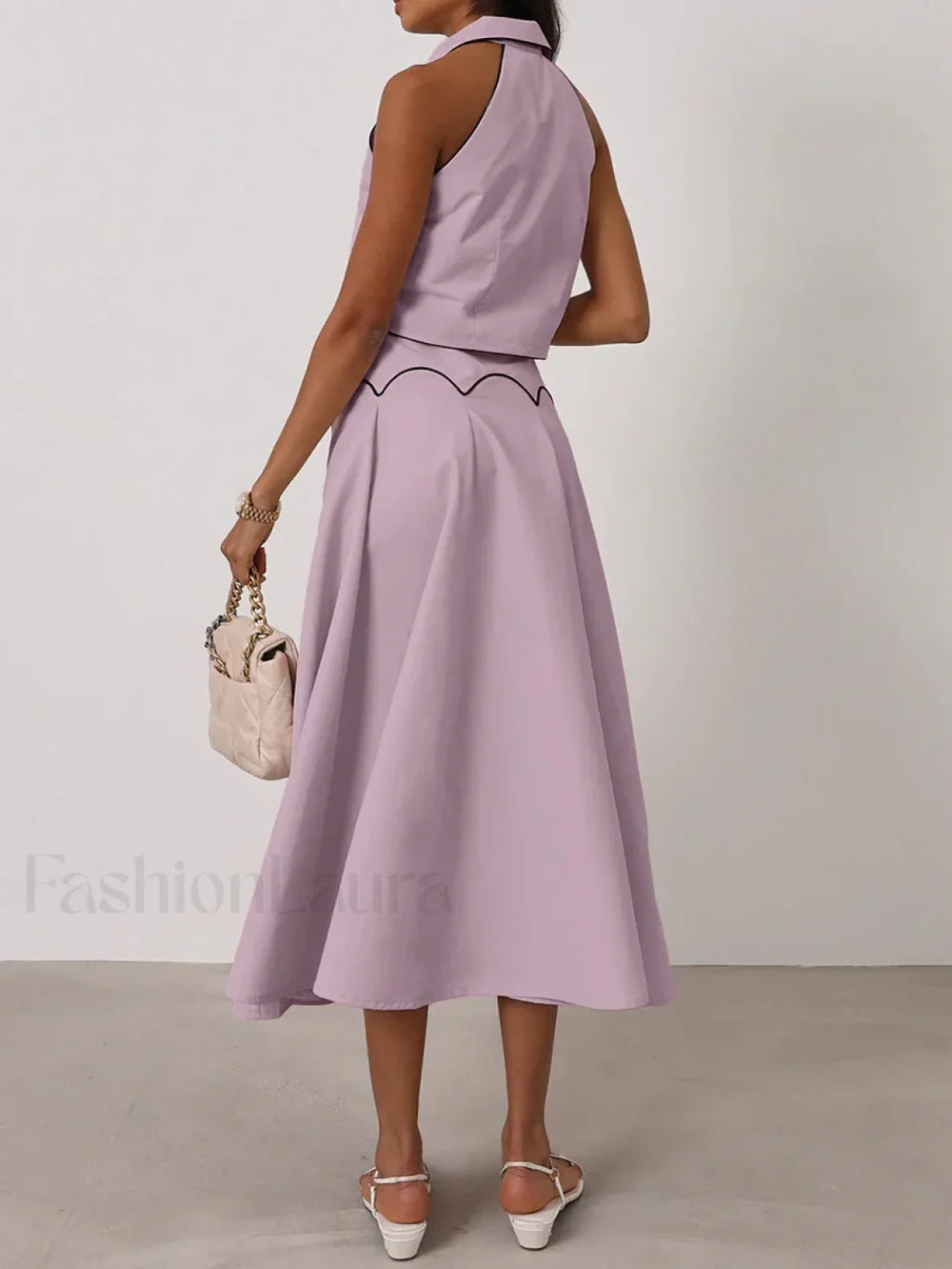 Sleeveless Collar Long Skirt Two Piece Set