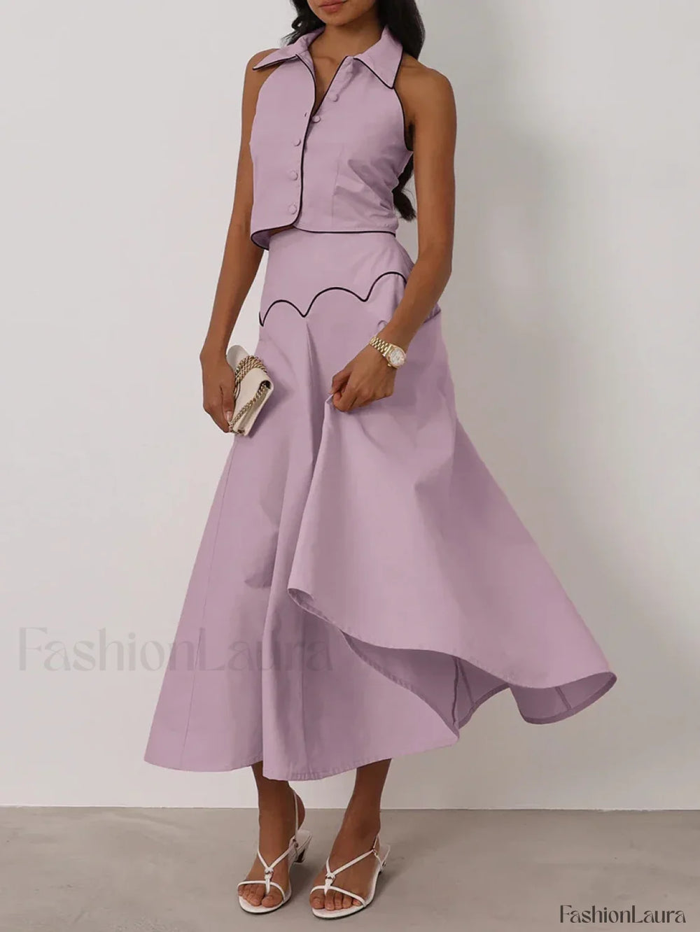 Sleeveless Collar Long Skirt Two Piece Set