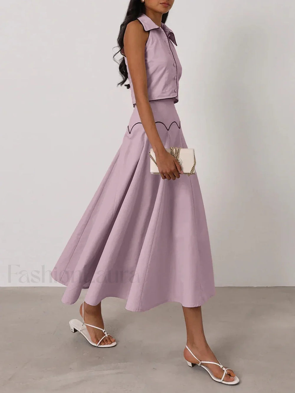 Sleeveless Collar Long Skirt Two Piece Set