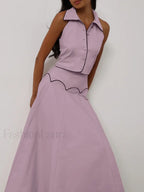 Sleeveless Collar Long Skirt Two Piece Set