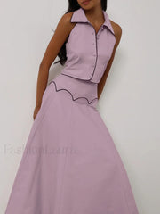 Sleeveless Collar Long Skirt Two Piece Set