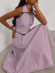Sleeveless Collar Long Skirt Two Piece Set