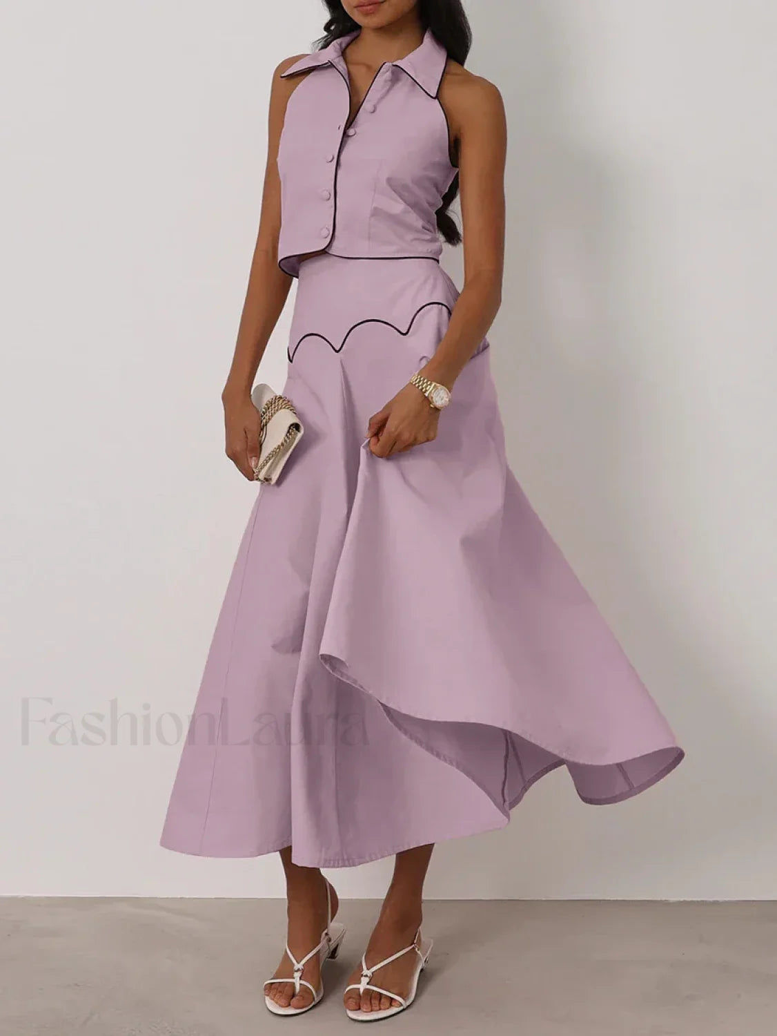 Sleeveless Collar Long Skirt Two Piece Set