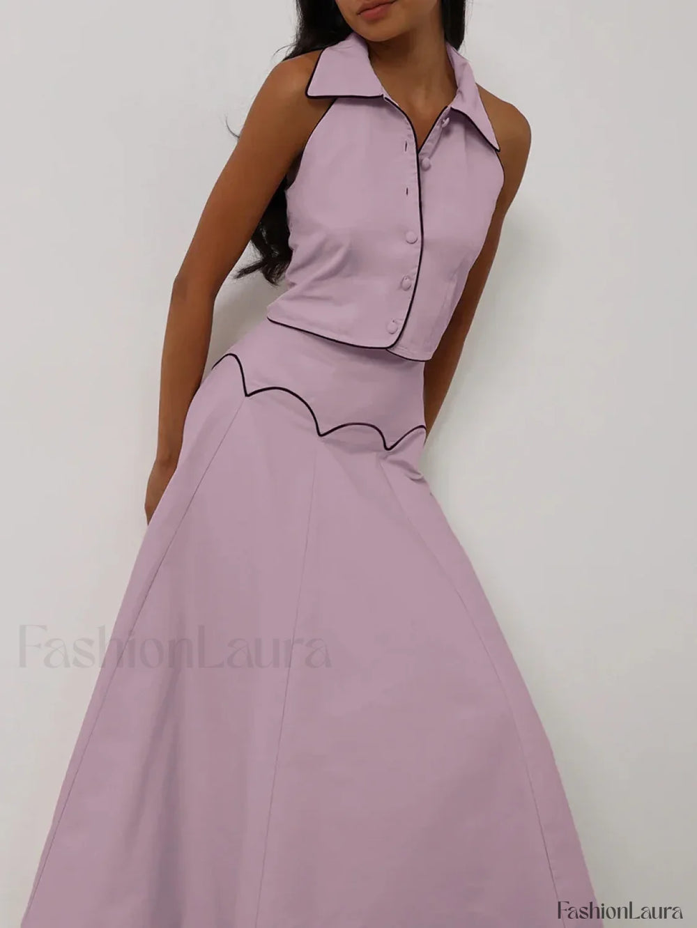 Sleeveless Collar Long Skirt Two Piece Set