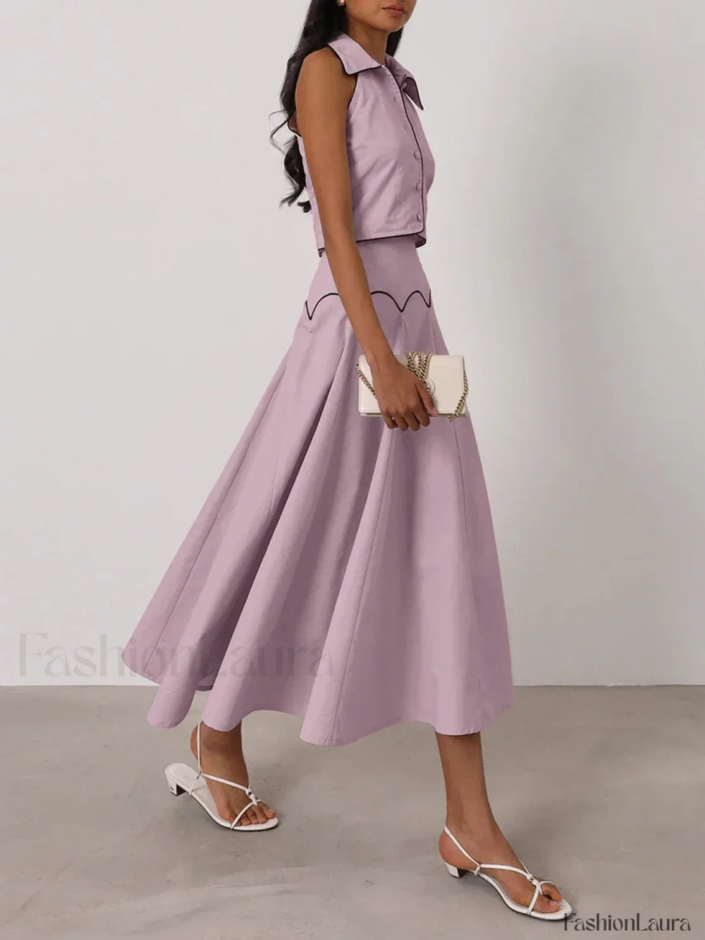 Sleeveless Collar Long Skirt Two Piece Set
