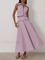 Sleeveless Collar Long Skirt Two Piece Set Pink / S