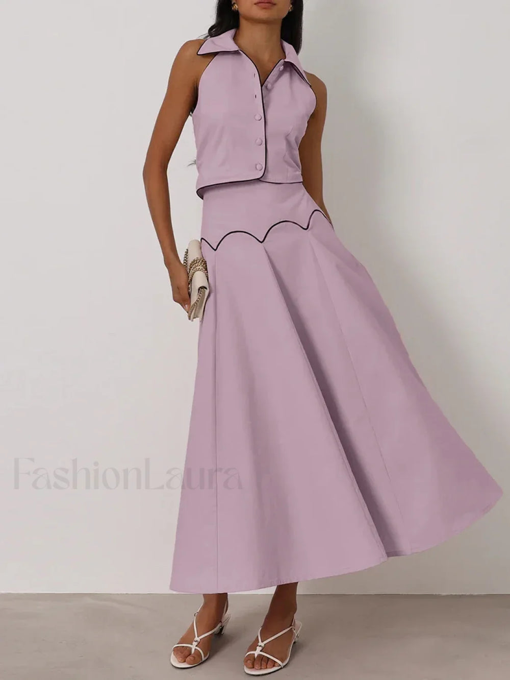 Sleeveless Collar Long Skirt Two Piece Set Pink / S