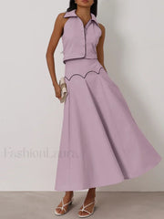 Sleeveless Collar Long Skirt Two Piece Set Pink / S