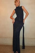 Sleeveless High Neck Metallic Bodycon Maxi Dress Black / S