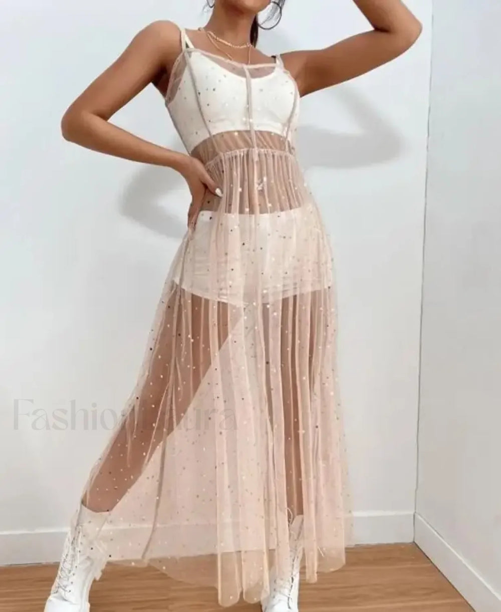 Sleeveless Square Neck Sequined Split Cover Up