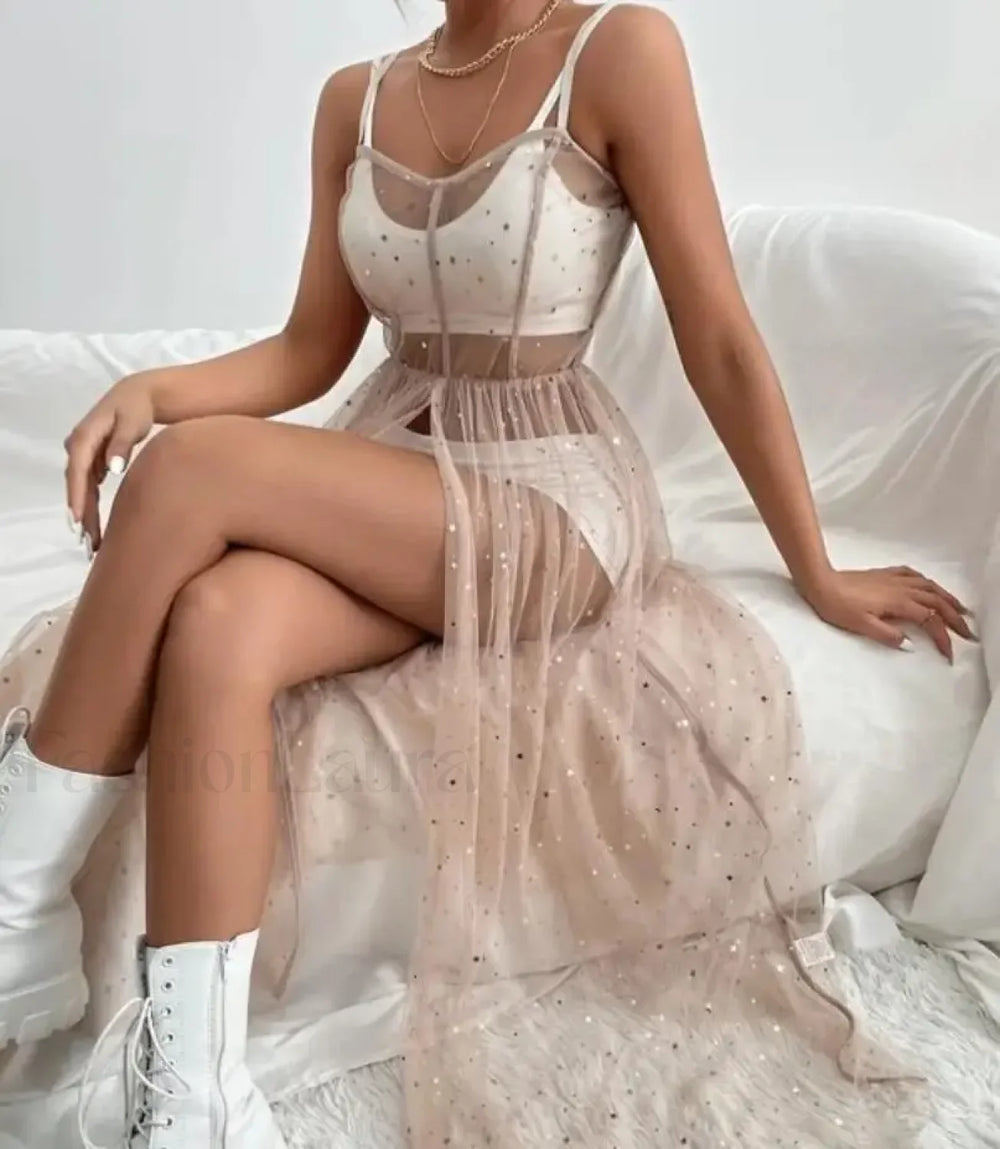Sleeveless Square Neck Sequined Split Cover Up Light Pink / S