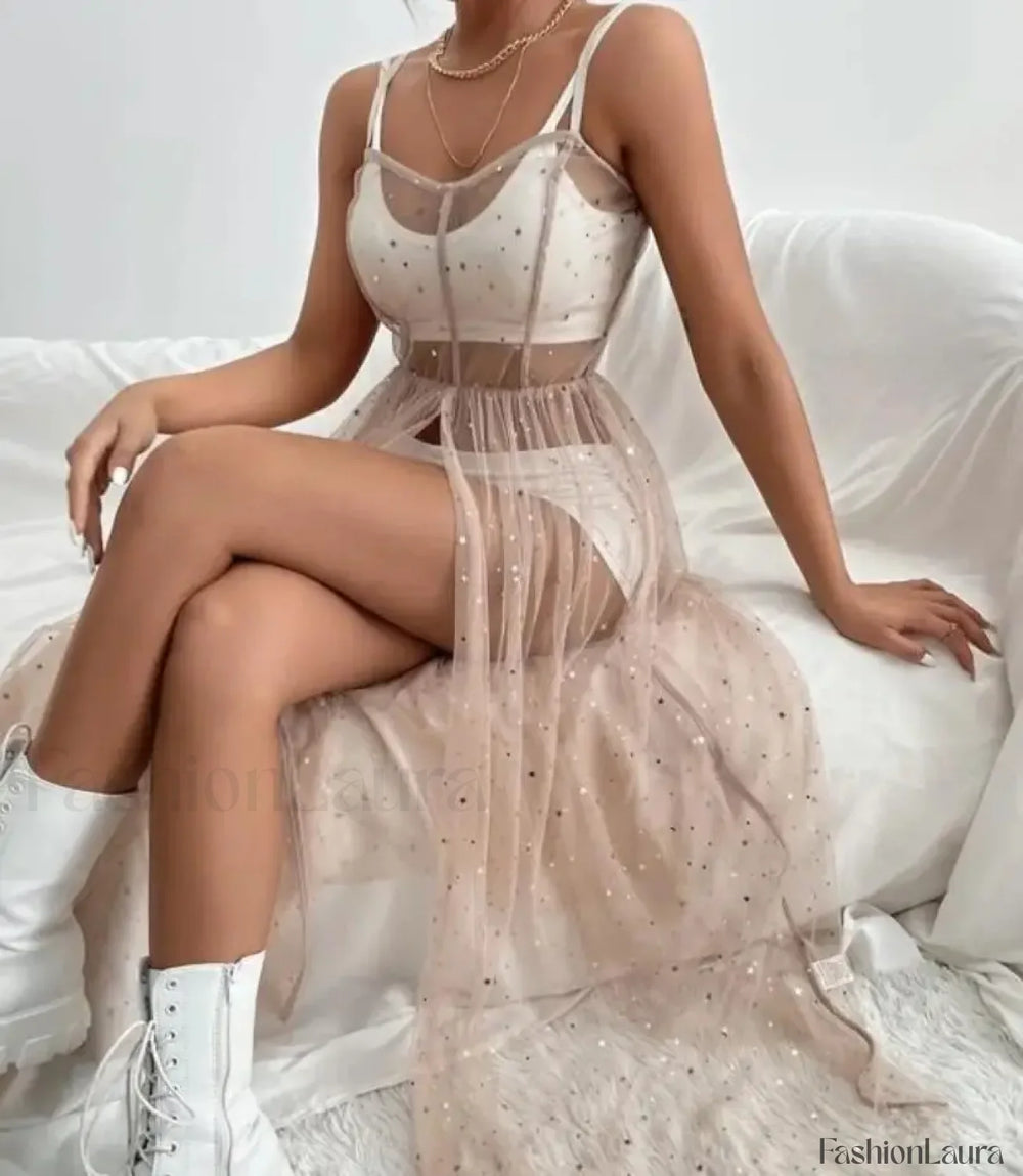 Sleeveless Square Neck Sequined Split Cover Up