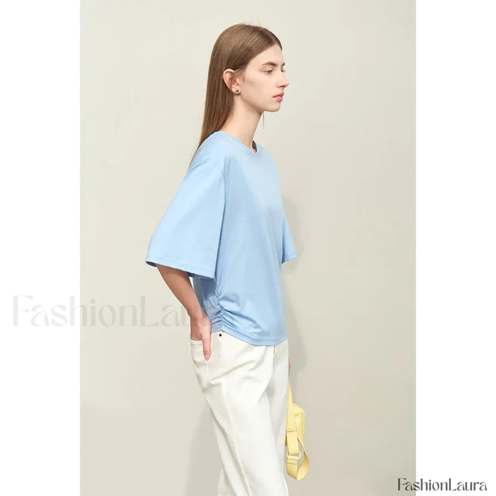 Slightly Elastic Loose Cotton T Shirt Blue / S