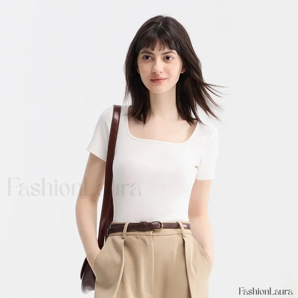 Slim Elegant Square Collar Cotton T Shirt WHITE / S