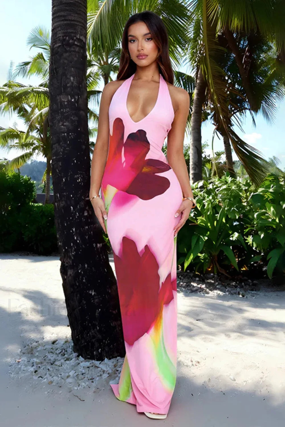 Slim Fit Hip Halter Vacation Floral Dress