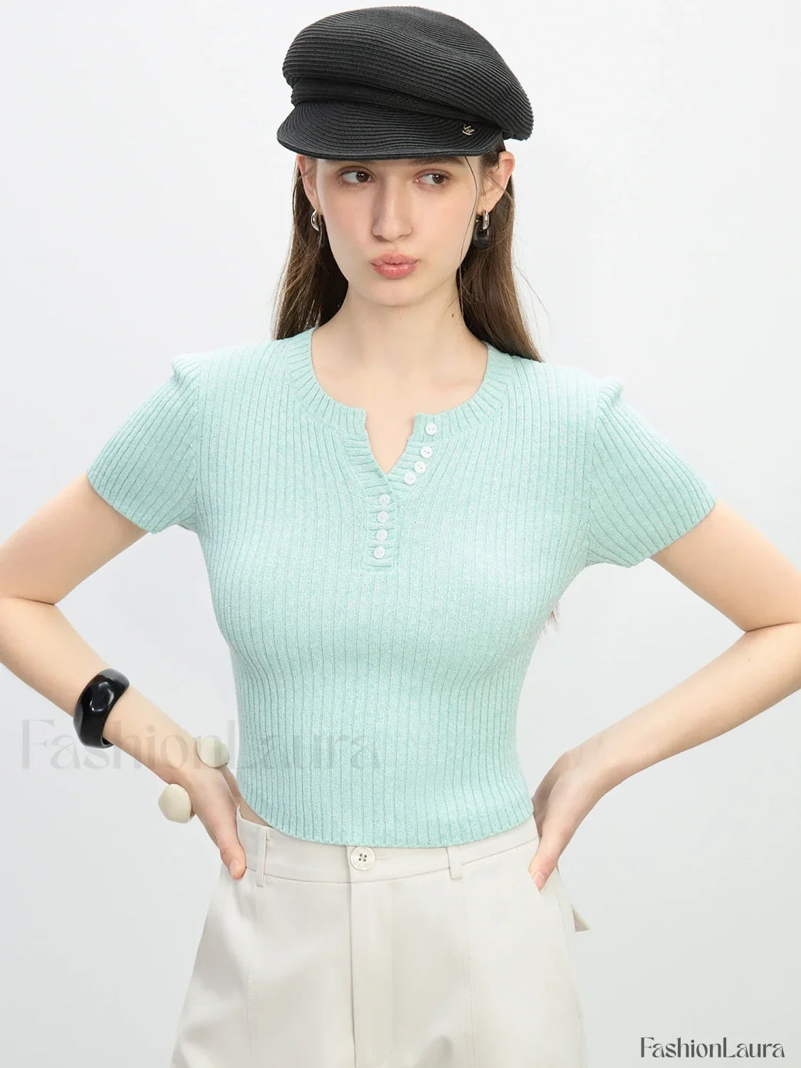 Slim Fit Knitted Grey Round Neck T Shirt Mint / S