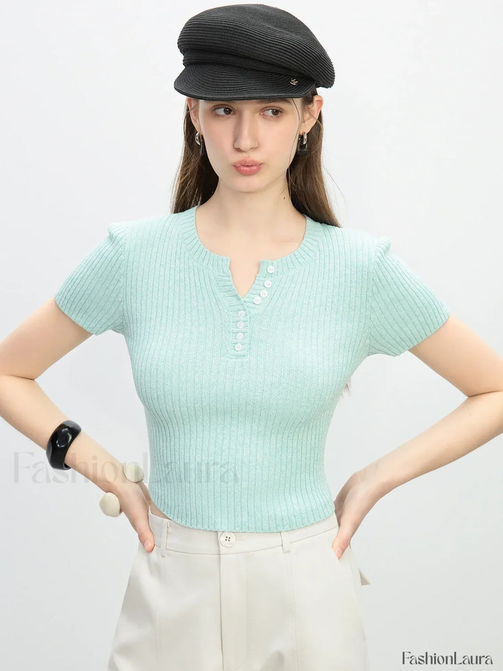 Slim Fit Knitted Grey Round Neck T Shirt Mint / S