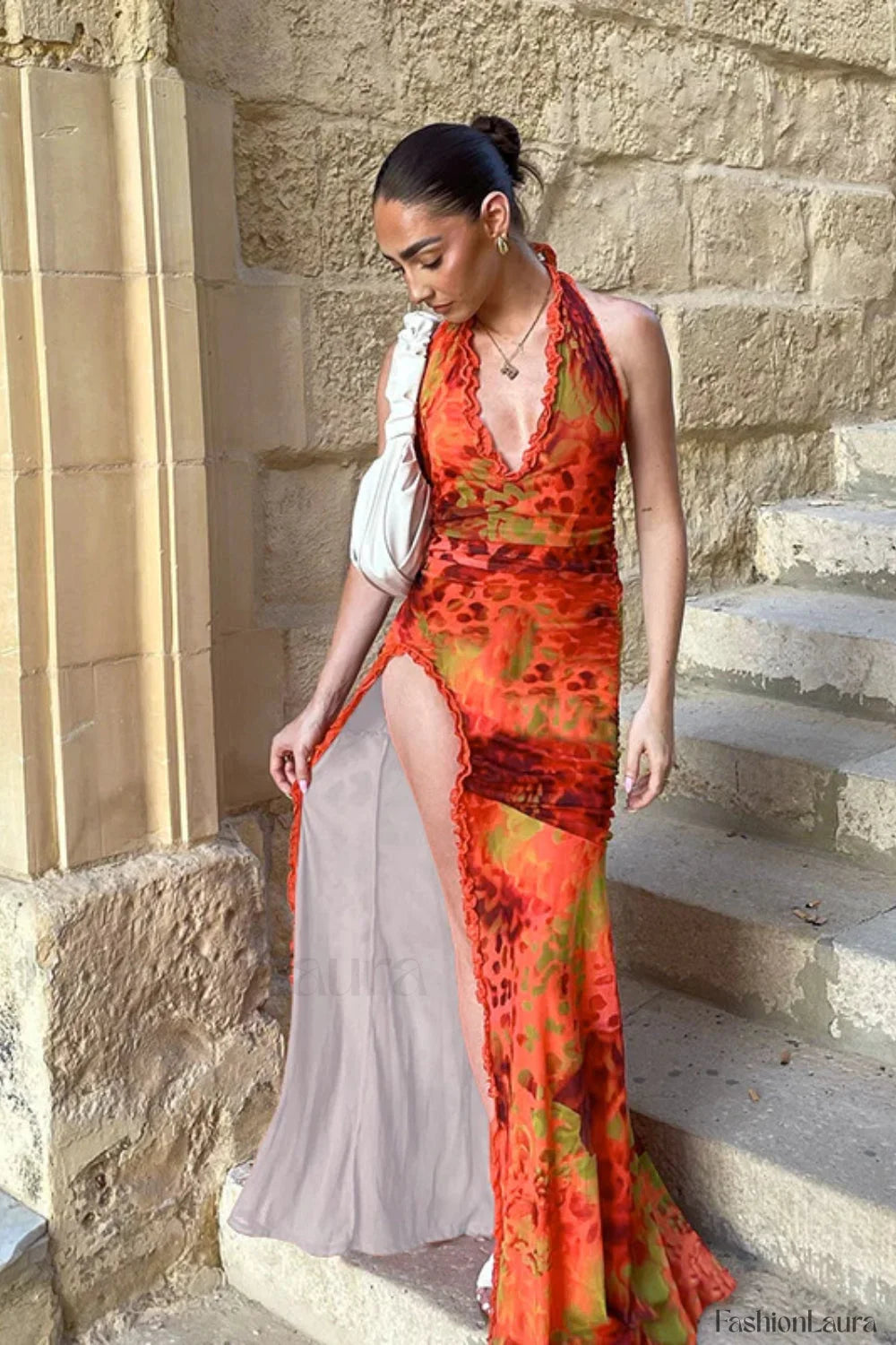 Slim Fit Printed Split End Holiday Floral Dress