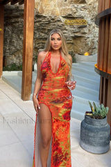 Slim Fit Printed Split End Holiday Floral Dress