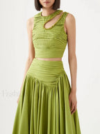 Slim Hollow Pleated Skirt Two Piece Set