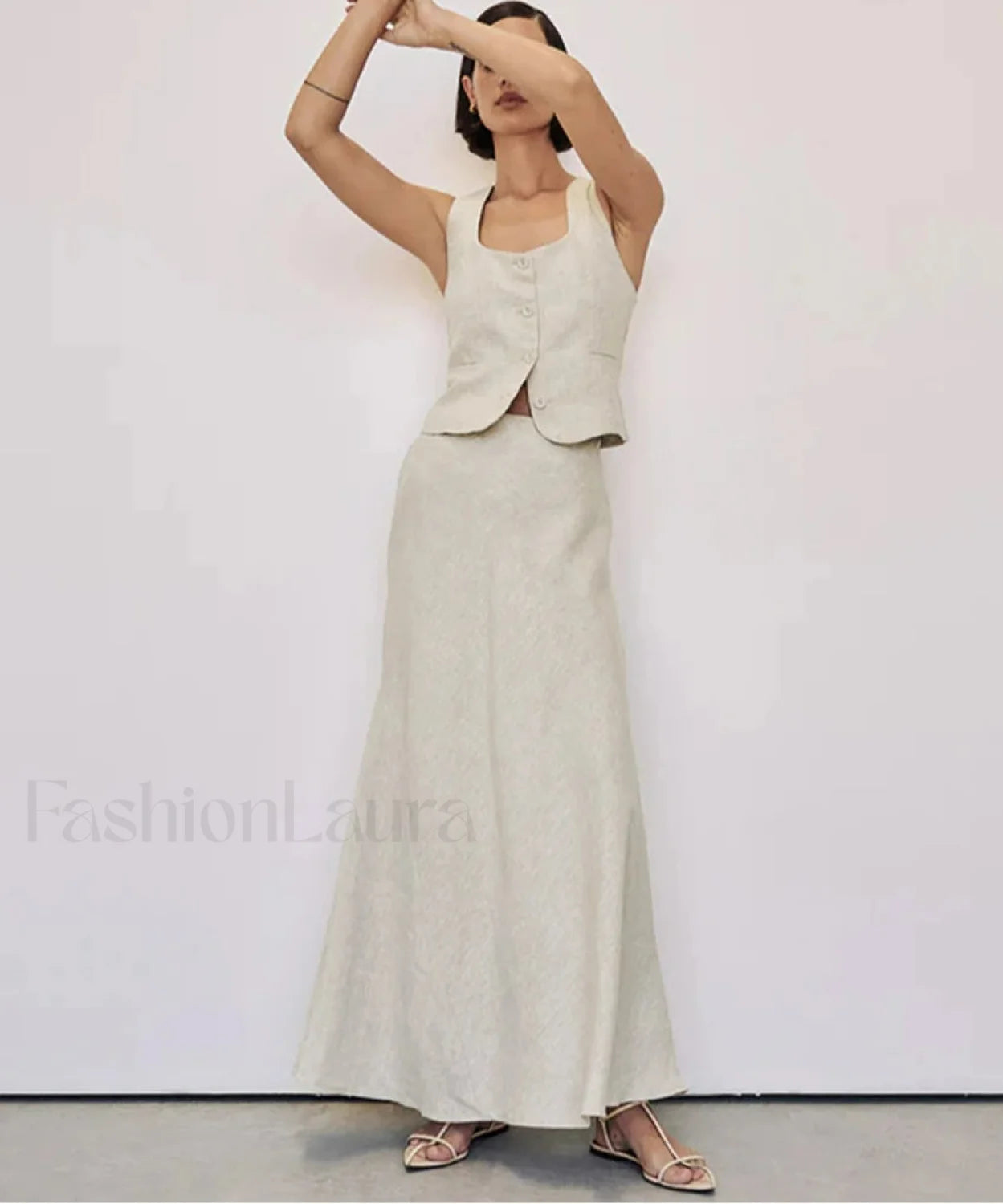 Slim Khaki Linen Tank Skirt Two Piece Set Khaki / S Main image