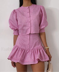 Slim Pink Cotton Crop Top High Waist Mini Skirt Two Piece Set Pink / S