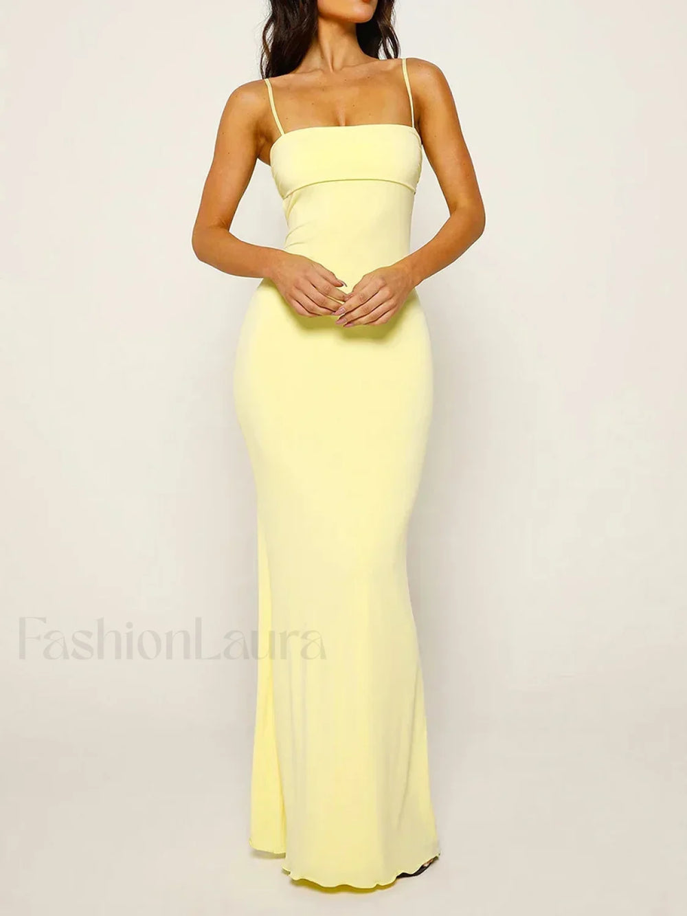 Slim Square Strap Party Maxi Dress Yellow / S