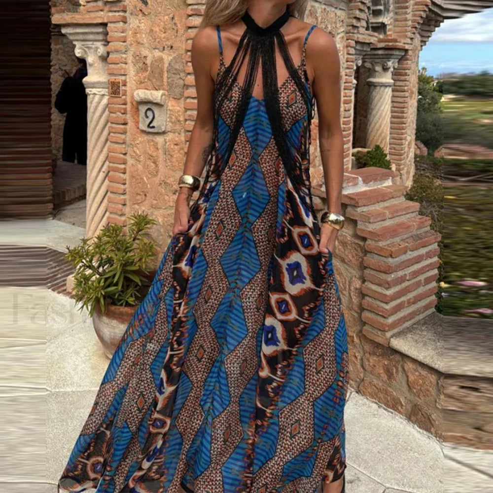 Slim Suspender Print Boho Dress 01 Print / S