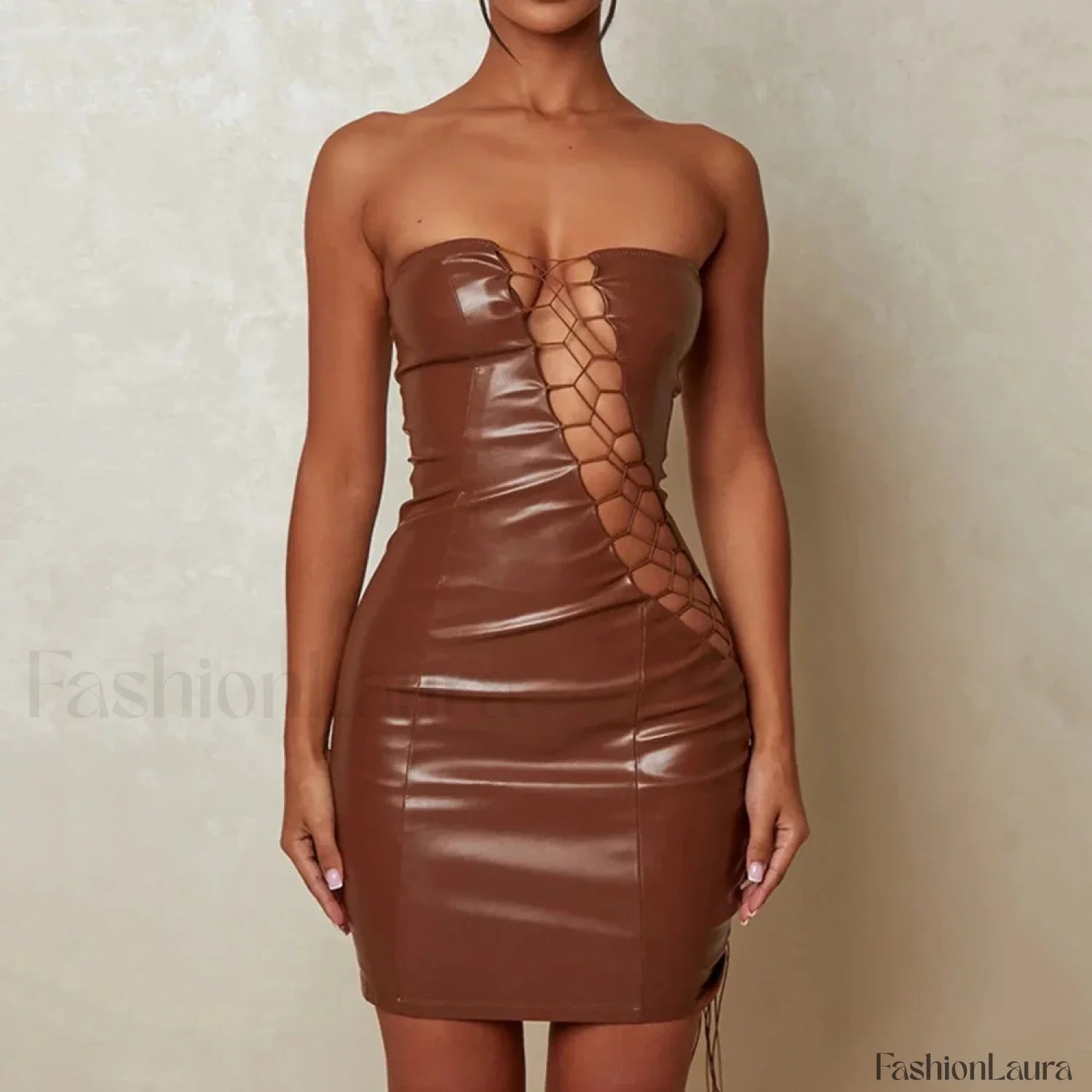 Slimming Strap Waist Mini Dress Brown / S
