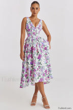 Slimming V Neck Midi Floral Dress Purple / S