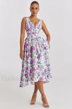 Slimming V Neck Midi Floral Dress Purple / S