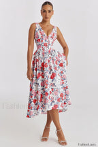 Slimming V Neck Midi Floral Dress Rose red / S