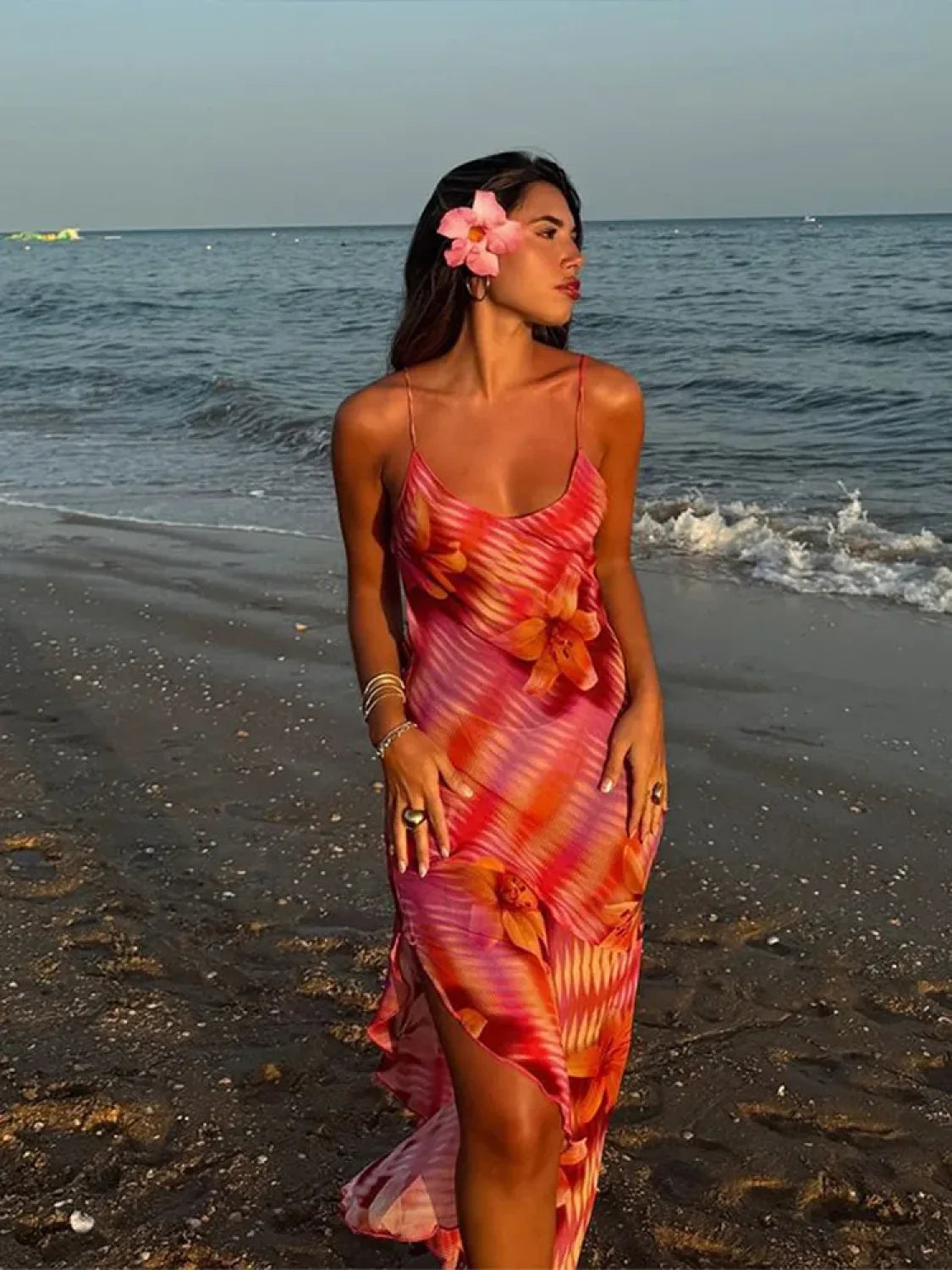 Sling Lace Up Maxi Floral Dress Pink / S