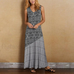 Sling V Neck Geometric Boho Dress Black / S