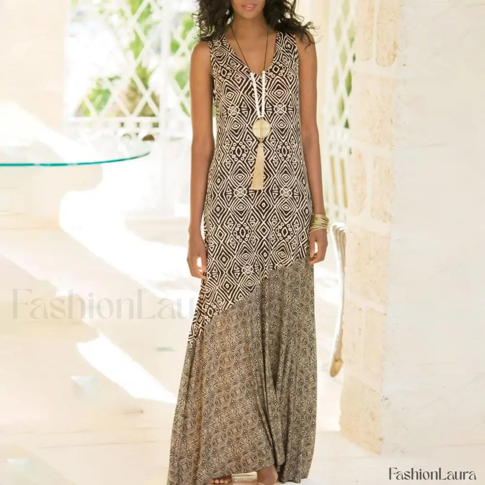 Sling V Neck Geometric Boho Dress Khaki / S