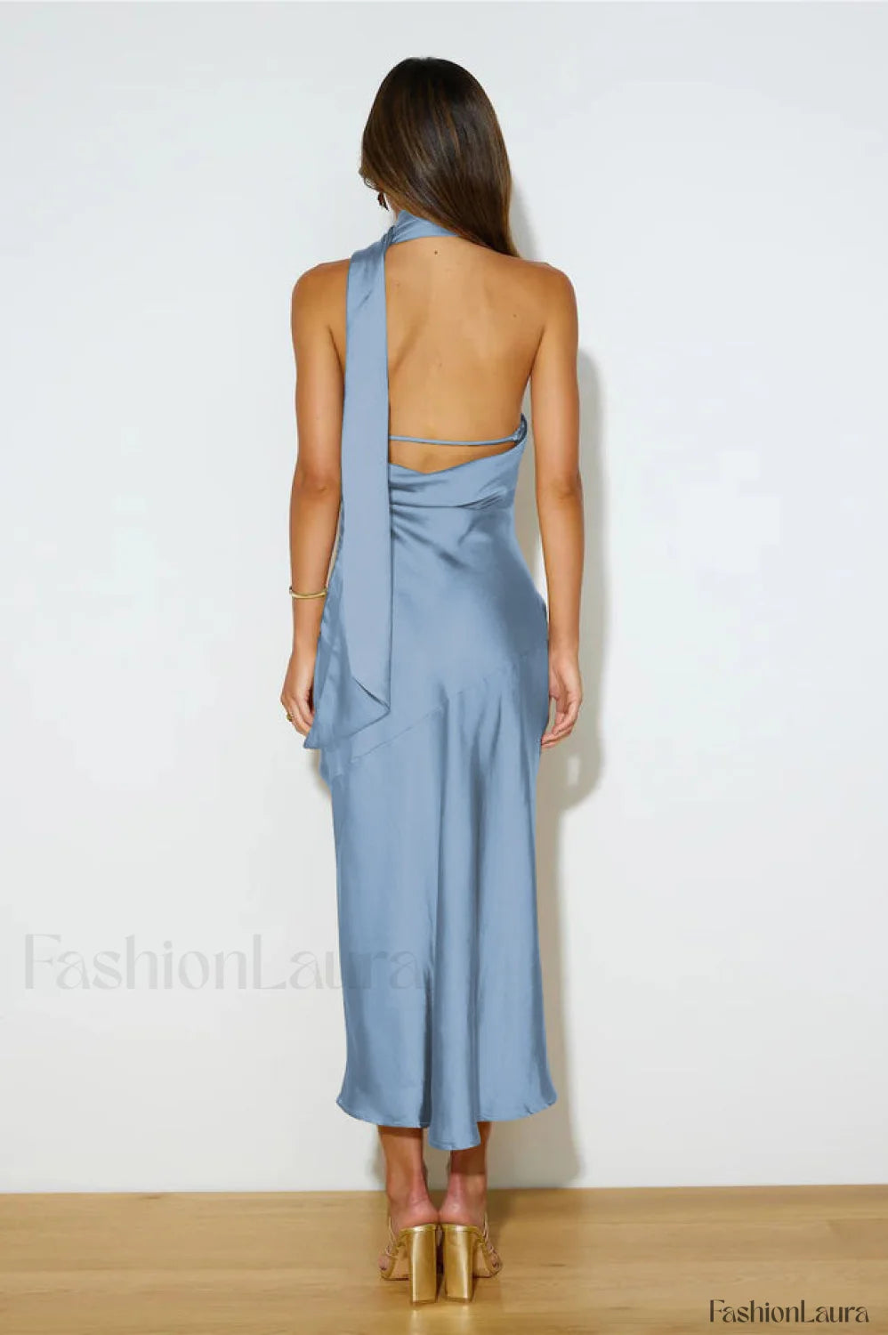 Slinky Open Back Charming Halter Satin Dress