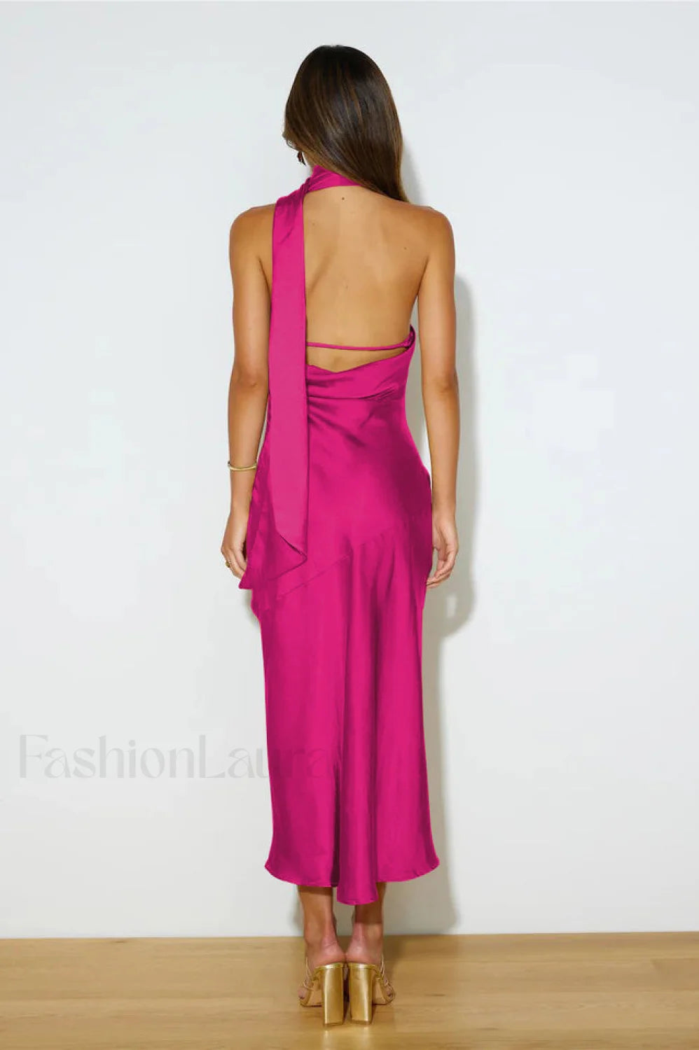 Slinky Open Back Charming Halter Satin Dress
