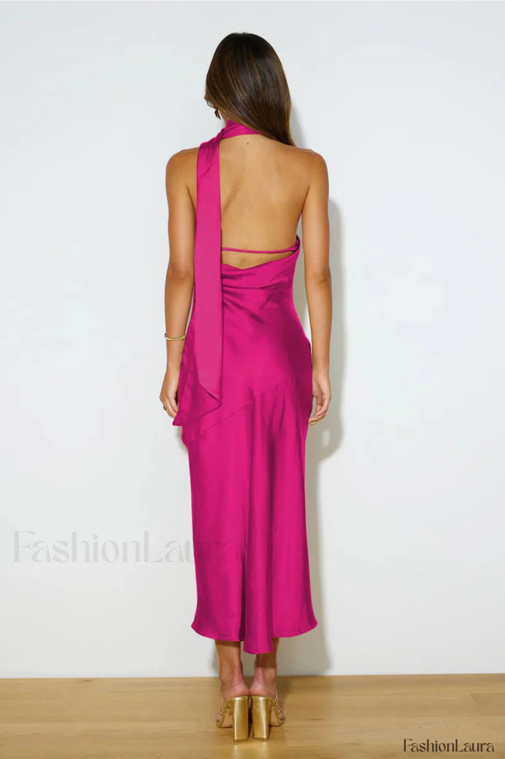 Slinky Open Back Charming Halter Satin Dress