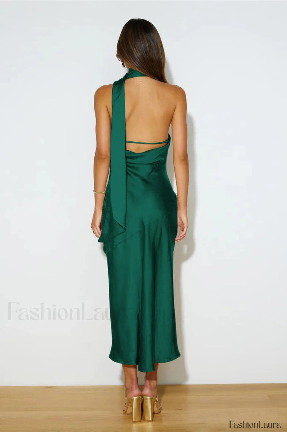Slinky Open Back Charming Halter Satin Dress