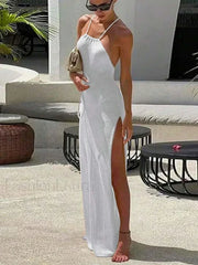Slit Cut Backless Cover Up WHITE / S