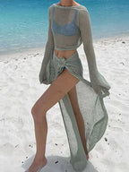 Slit Cut Sexy Long Sleeve Cover Up Light Green / S