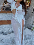 Slit Cut Sexy Long Sleeve Cover Up WHITE / S