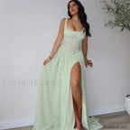 Slit Embroidered Mesh Maxi Dress Green / S