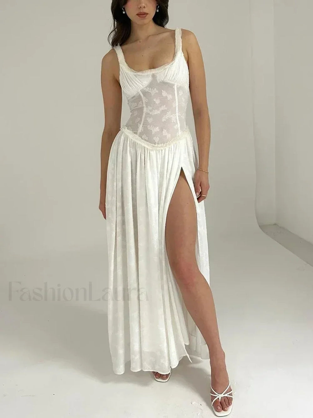 Slit Embroidered Mesh Maxi Dress White / S