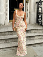 Slit Flower Suspender Maxi Dress Apricot / S