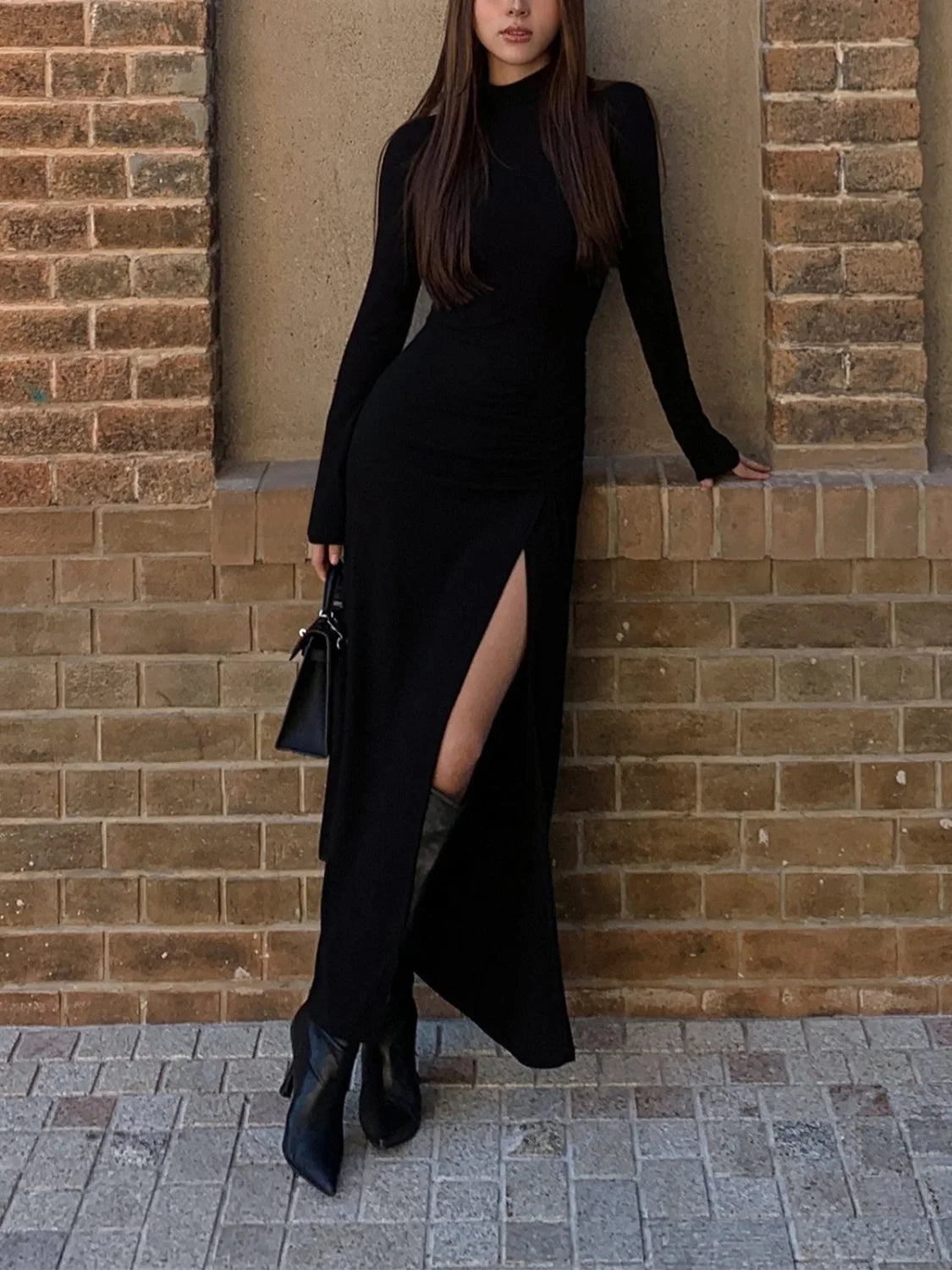 Slit Pleated Long Sleeve Bodycon Mock Neck Long Dress Secondary image