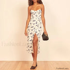 Slit Spaghetti Chiffon Floral Dress beige3 / S