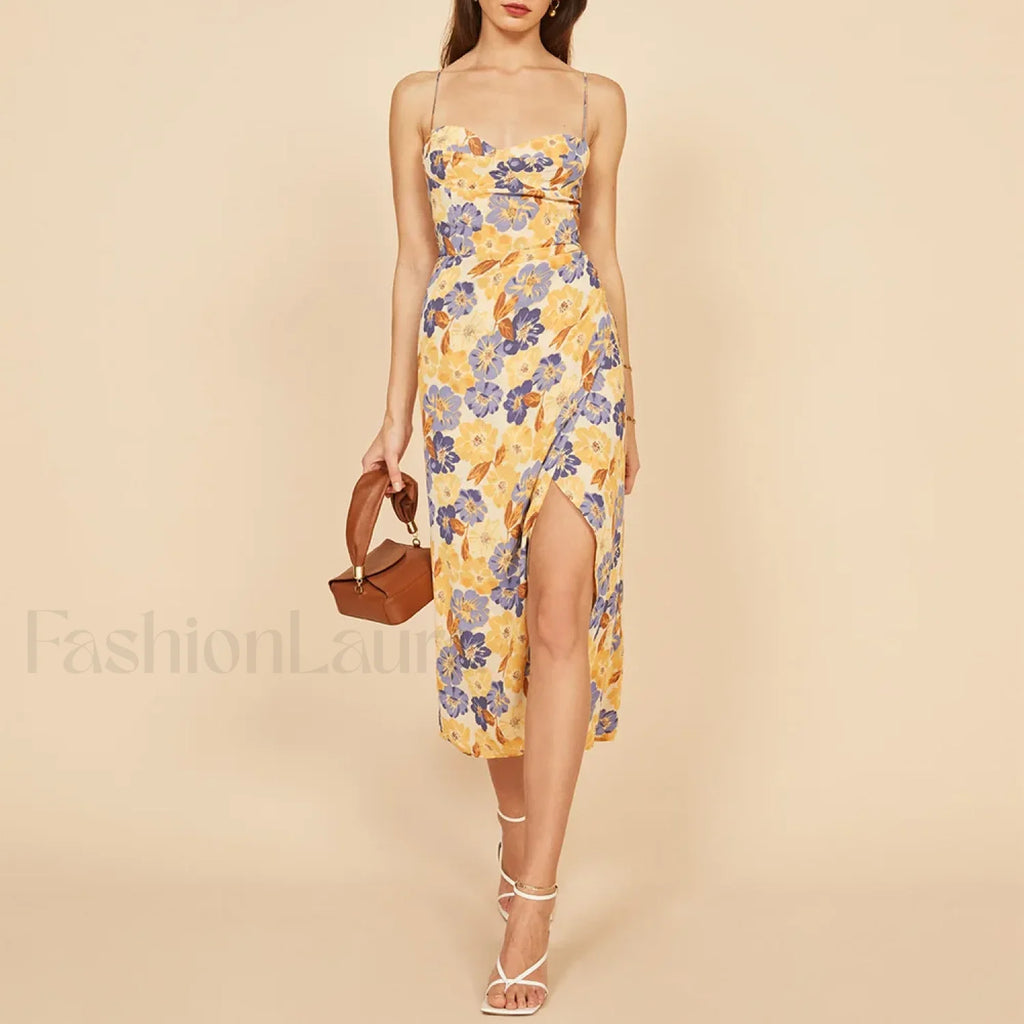 Slit Spaghetti Chiffon Floral Dress beige4 / S